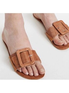 Definery Tan slides Made in Italy Croc embossed leather sandals  Camel Brown 5
